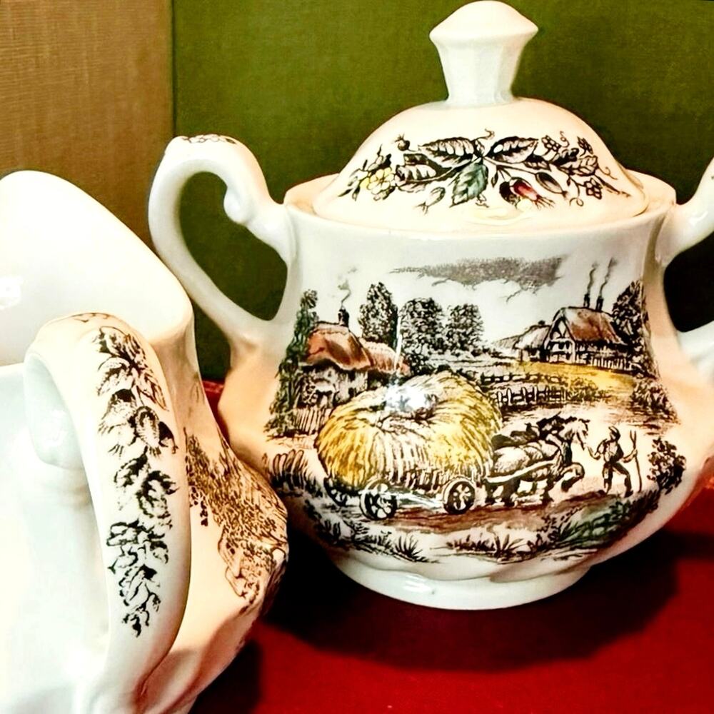Yorkshire Vintage Ironstone Sugar & Creamer Set • Staffordshire England